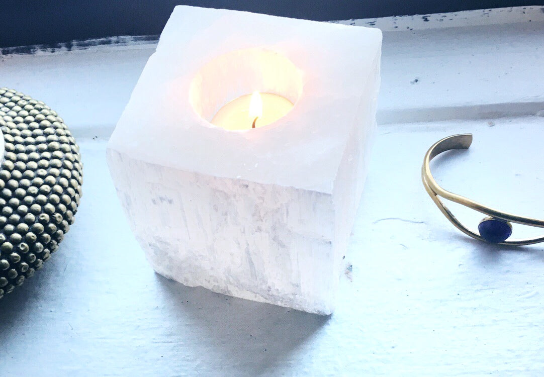 Selenite Tea Light Candle Holder - Luni
